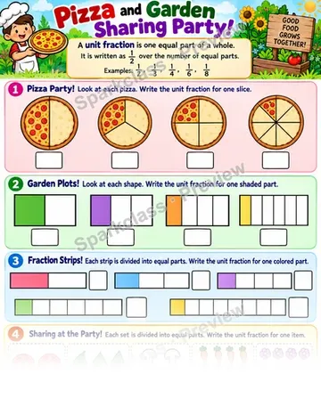 Pizza and Garden · Unit Fractions — Grade 3 worksheet preview