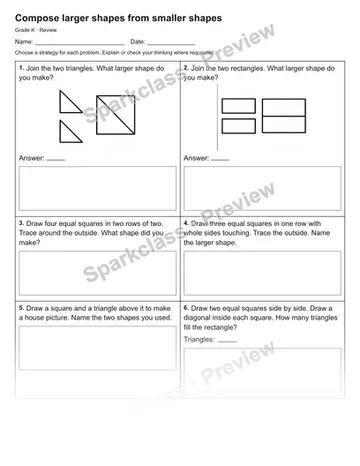 Compose larger shapes from smaller shapes — Review — Kindergarten worksheet preview