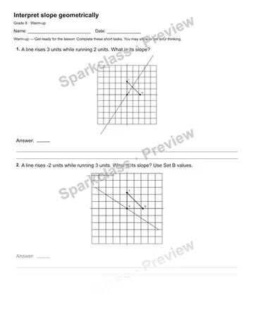 Interpret slope geometrically — Warm-up — Grade 8 worksheet preview