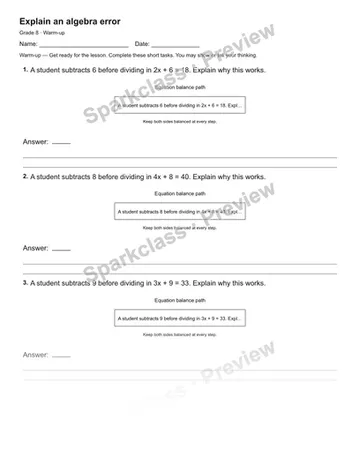 Explain an algebra error — Warm-up — Grade 8 worksheet preview