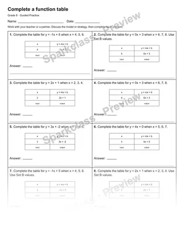 Complete a function table — Guided Practice — Grade 8 worksheet preview