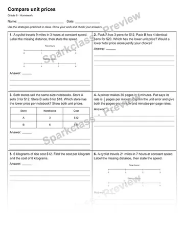 Compare unit prices — Homework — Grade 6 worksheet preview