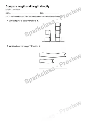 Compare length and height directly — Exit Ticket — Kindergarten worksheet preview