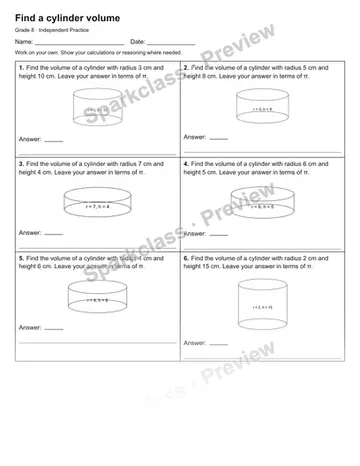 Find a cylinder volume — Independent Practice — Grade 8 worksheet preview