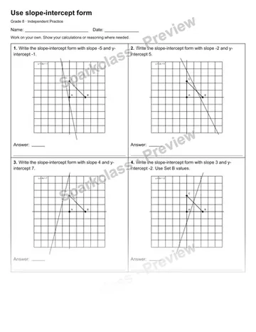 Use slope-intercept form — Independent Practice — Grade 8 worksheet preview