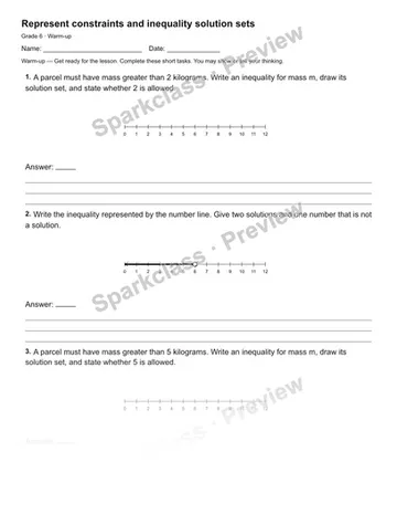 Represent constraints and inequality solution sets — Warm-up — Grade 6 worksheet preview