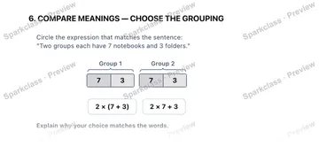 6. COMPARE MEANINGS — CHOOSE THE GROUPING Circle the expression that matches the sentence: "Two groups each have 7 notebooks and 3 folders." Group 1 7 3 Group 2 7 3 2 × (7 + 3) 2 × — Grade 5 problem preview