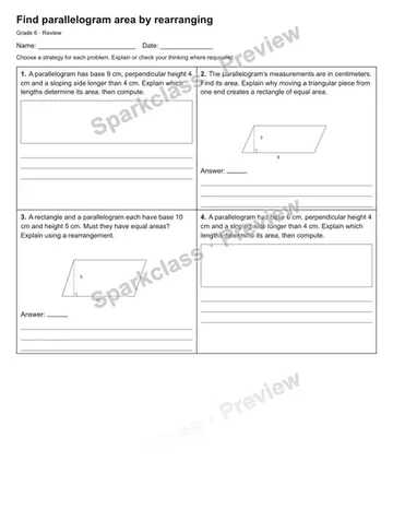 Find parallelogram area by rearranging — Review — Grade 6 worksheet preview