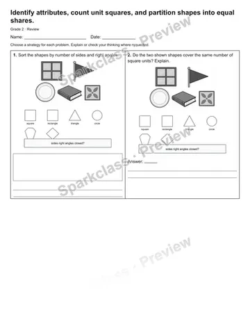 Identify attributes, count unit squares, and partition shapes into equal shares. — Review — Grade 2 worksheet preview
