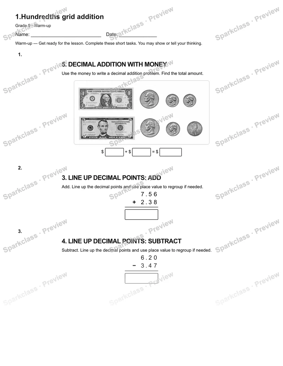 1.Hundredths grid addition — Warm-up — page 1