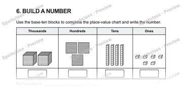 6. BUILD A NUMBER Use the base-ten blocks to complete the place-value chart and write the number. Thousands Hundreds Tens Ones The number is . — Grade 5 problem preview