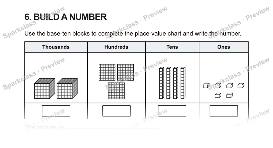 6. BUILD A NUMBER Use the base-ten blocks to complete the place-value chart and write the number. Thousands Hundreds Tens Ones The number is . — page 1