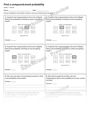 Find a compound-event probability — Review — Grade 7 worksheet preview