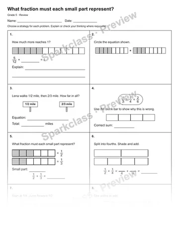 What fraction must each small part represent? — Review — Grade 5 worksheet preview