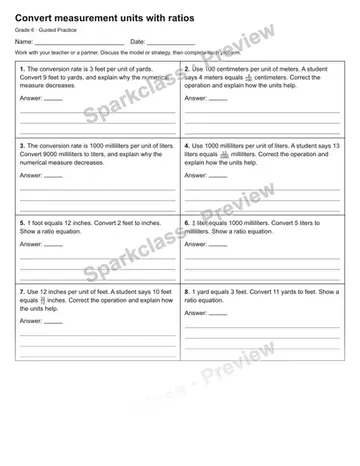 Convert measurement units with ratios — Guided Practice — Grade 6 worksheet preview