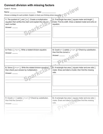 Connect division with missing factors — Review — Grade 6 worksheet preview