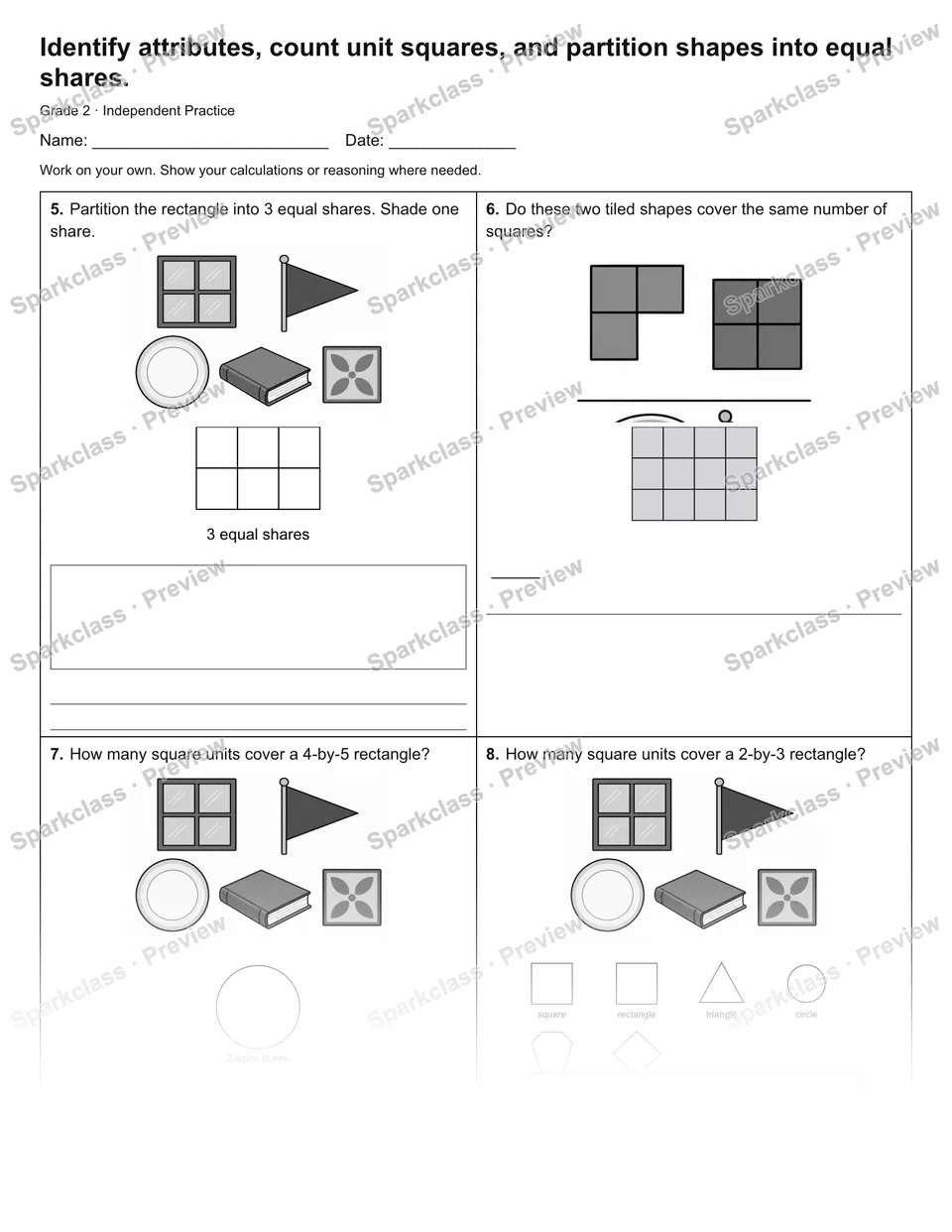 Identify attributes, count unit squares, and partition shapes into equal shares. — Independent Practice — page 2
