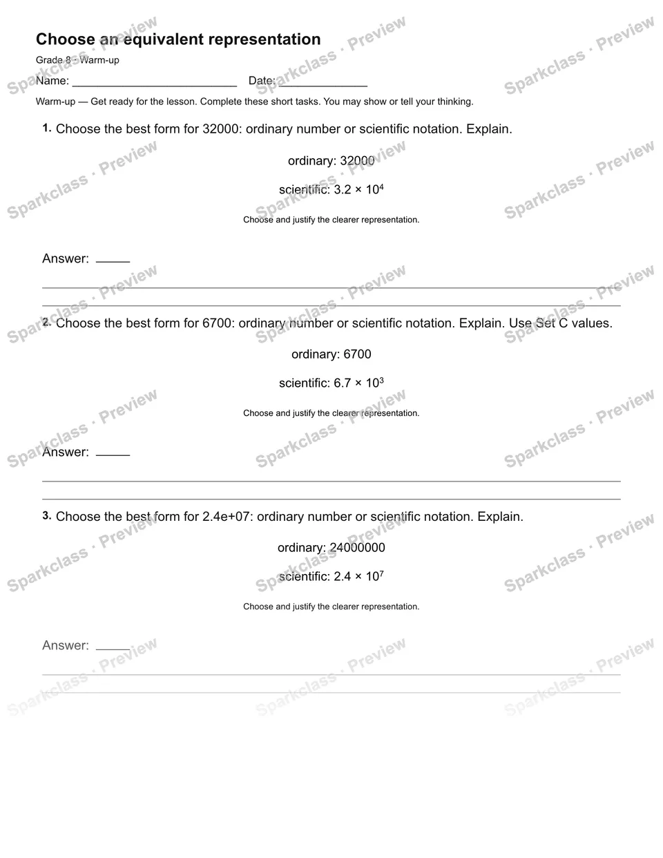 Choose an equivalent representation — Warm-up — page 1