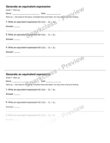 Generate an equivalent expression — Warm-up — Grade 7 worksheet preview