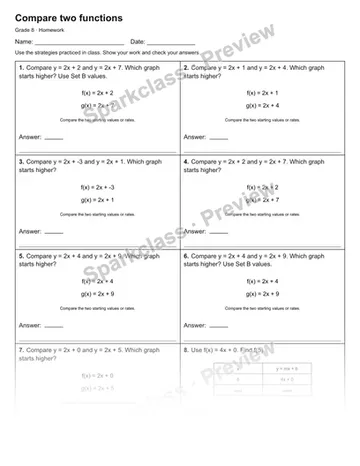 Compare two functions — Homework — Grade 8 worksheet preview