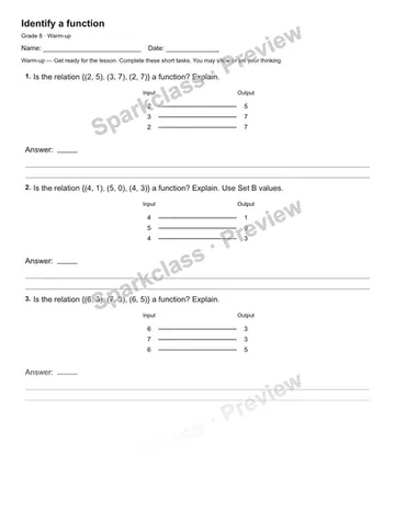 Identify a function — Warm-up — Grade 8 worksheet preview