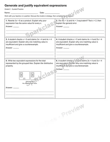Generate and justify equivalent expressions — Guided Practice — Grade 6 worksheet preview