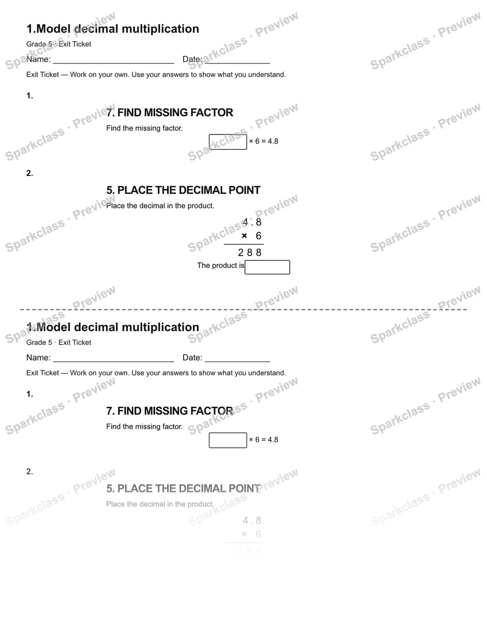 1.Model decimal multiplication — Exit Ticket — page 1
