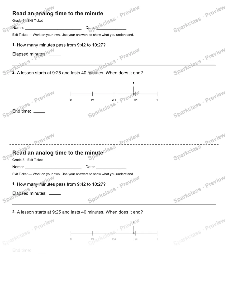 Read an analog time to the minute — Exit Ticket — page 1