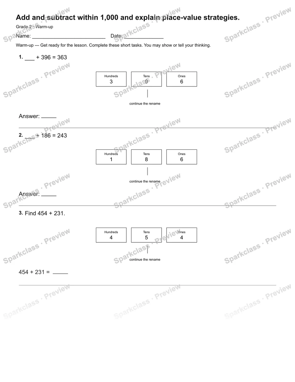 Add and subtract within 1,000 and explain place-value strategies. — Warm-up — page 1