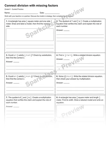 Connect division with missing factors — Guided Practice — Grade 6 worksheet preview