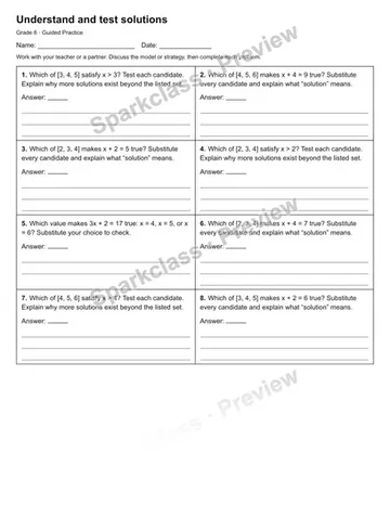 Understand and test solutions — Guided Practice — Grade 6 worksheet preview