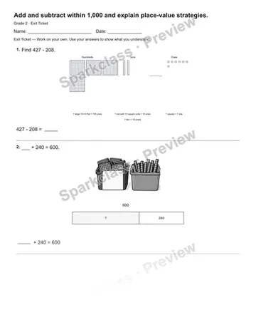 Add and subtract within 1,000 and explain place-value strategies. — Exit Ticket — Grade 2 worksheet preview