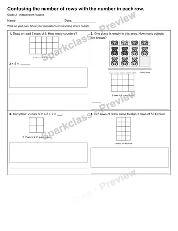 Confusing the number of rows with the number in each row. — Independent Practice — Grade 2 worksheet preview