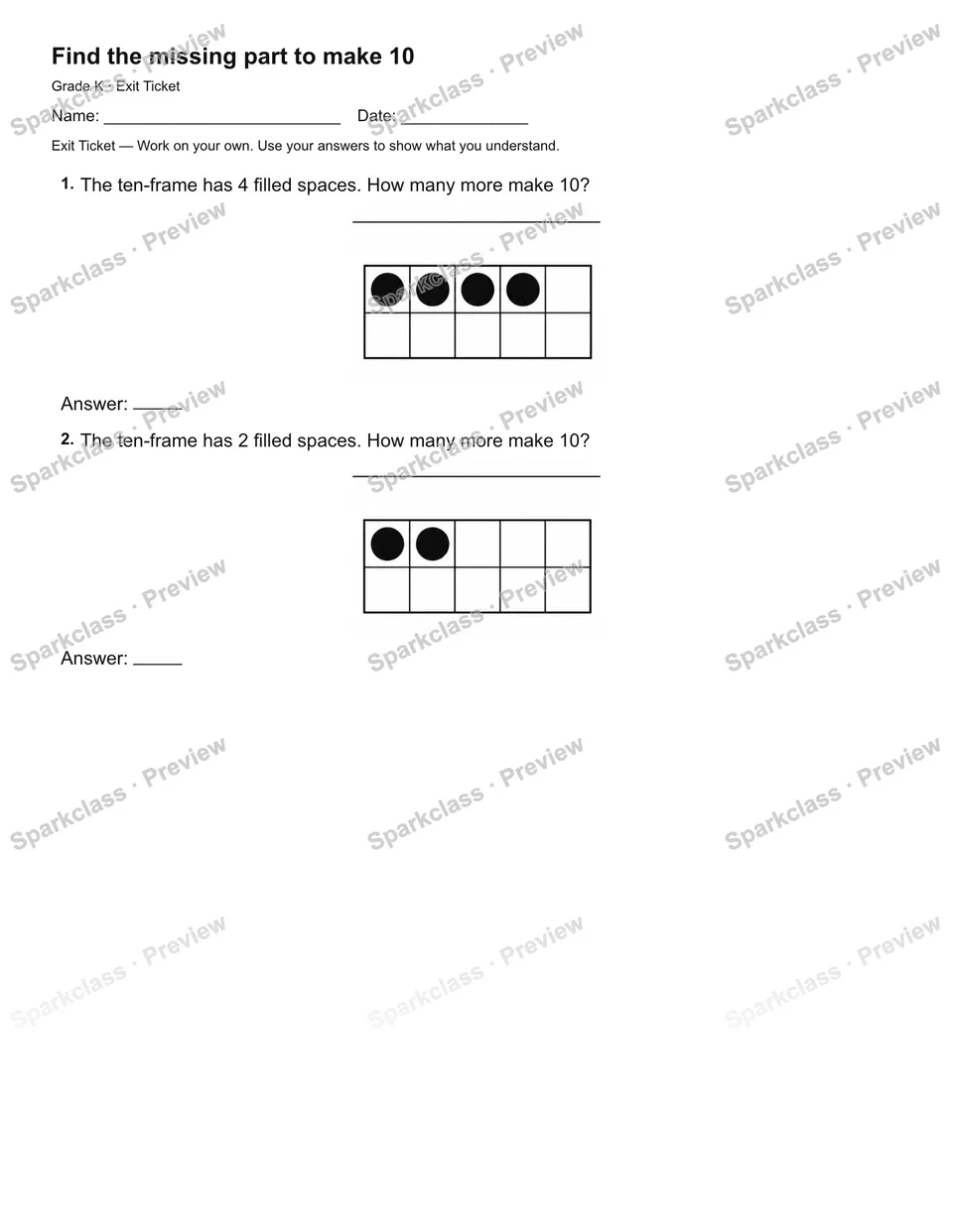 Find the missing part to make 10 — Exit Ticket — page 1