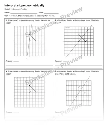 Interpret slope geometrically — Independent Practice — Grade 8 worksheet preview