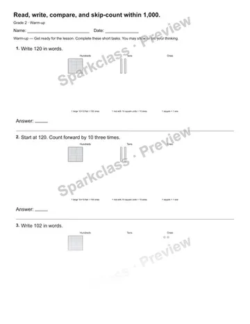 Read, write, compare, and skip-count within 1,000. — Warm-up — Grade 2 worksheet preview