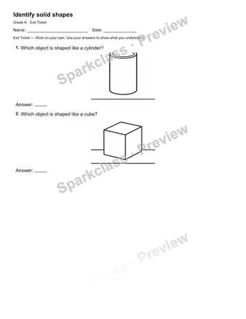 Identify solid shapes — Exit Ticket — Kindergarten worksheet preview