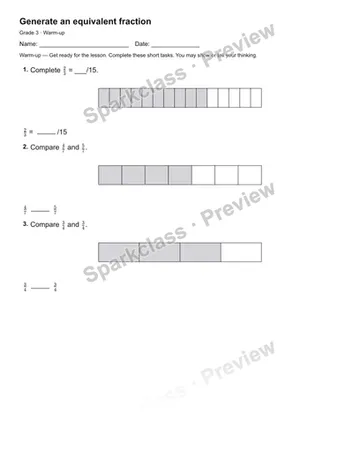 Generate an equivalent fraction — Warm-up — Grade 3 worksheet preview
