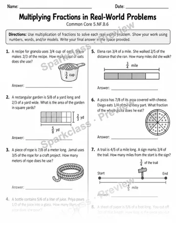 Multiplying Fractions Real World — Grade 5 worksheet preview