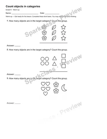 Count objects in categories — Warm-up — Kindergarten worksheet preview