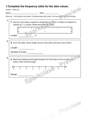 1.Complete the frequency table for the data values. — Warm-up — Grade 5 worksheet preview