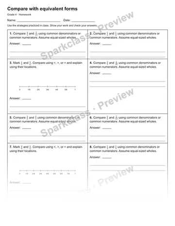 Compare with equivalent forms — Homework — Grade 4 worksheet preview
