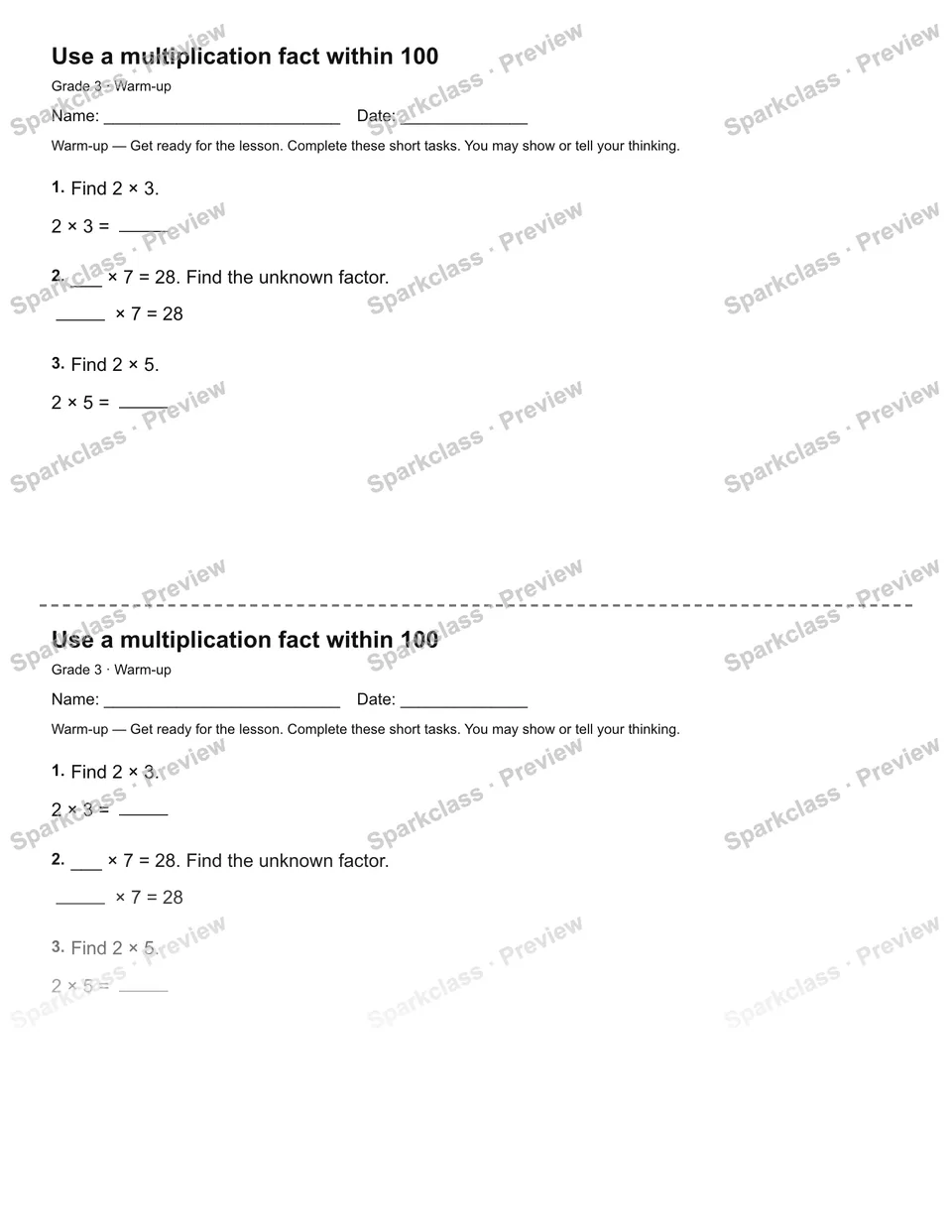 Use a multiplication fact within 100 — Warm-up — page 1
