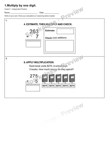 1.Multiply by one digit. — Independent Practice — Grade 5 worksheet preview