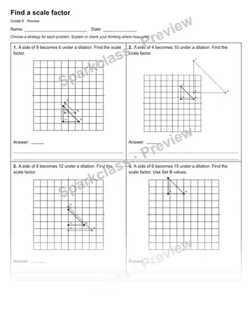 Find a scale factor — Review — Grade 8 worksheet preview