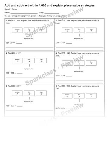 Add and subtract within 1,000 and explain place-value strategies. — Review — Grade 2 worksheet preview