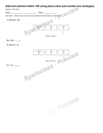 Add and subtract within 100 using place-value and number-line strategies. — Exit Ticket — Grade 2 worksheet preview