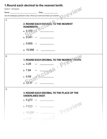 1.Round each decimal to the nearest tenth. — Homework — Grade 5 worksheet preview