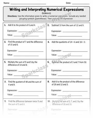 5.OA.A.1 · 1 Parentheses Expressions Variant 02 — Grade 5 worksheet preview