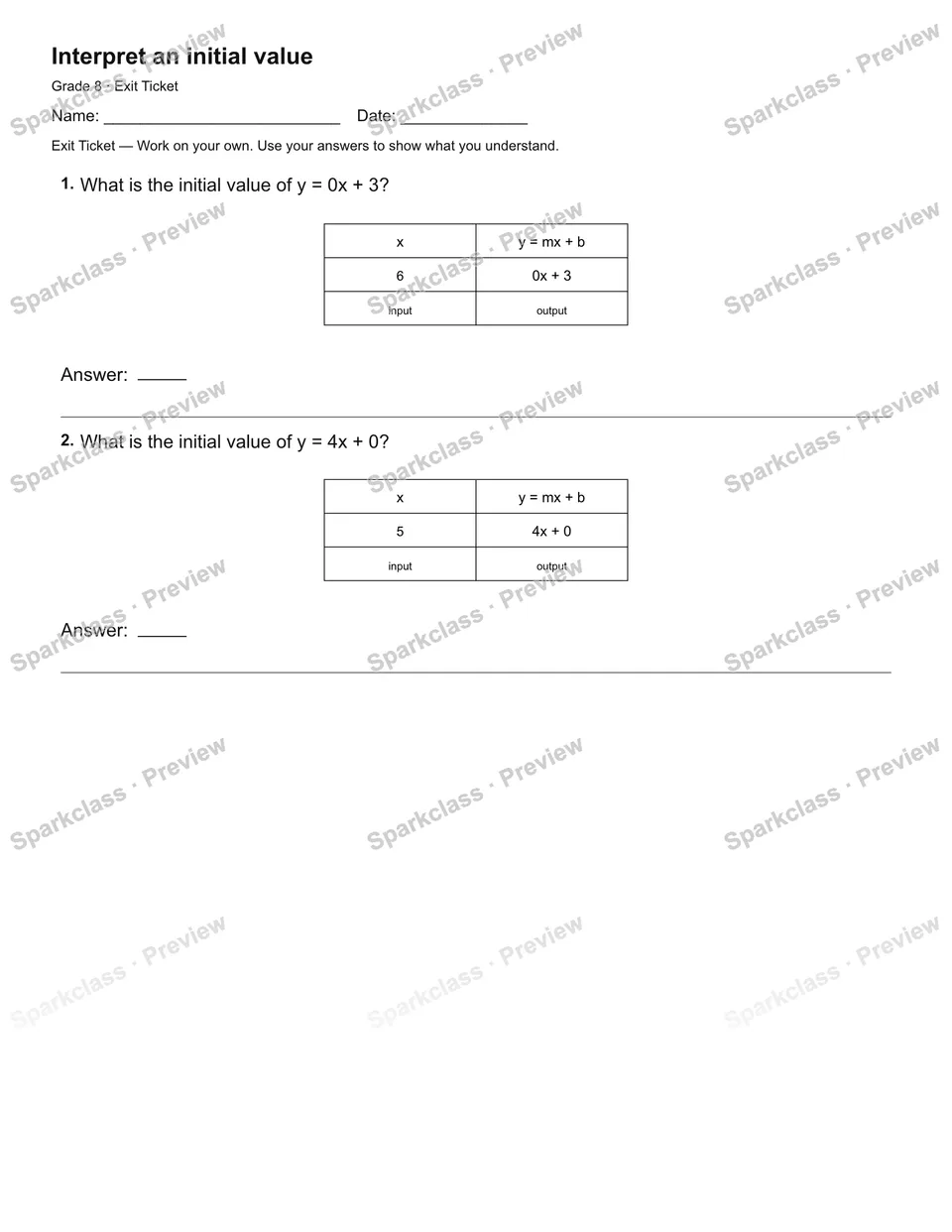 Interpret an initial value — Exit Ticket — page 1